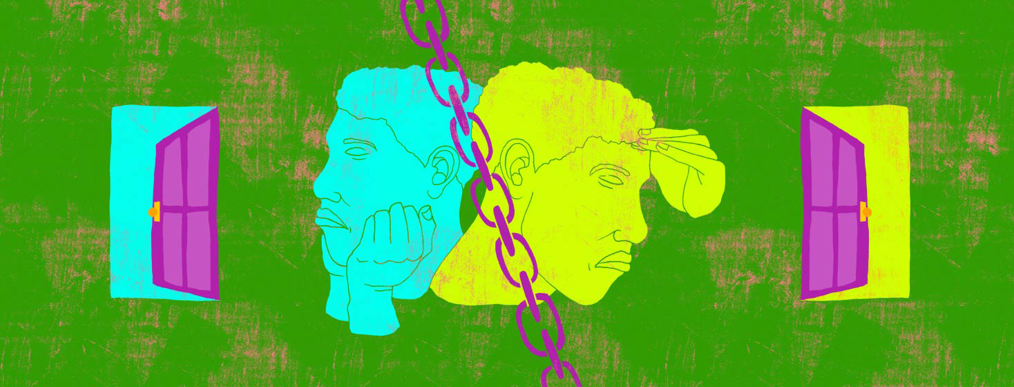 a portrait of a man and an open door is mirrored by another portrait of the same man and a different door, each door representing HIV and HEPC and their potential connection