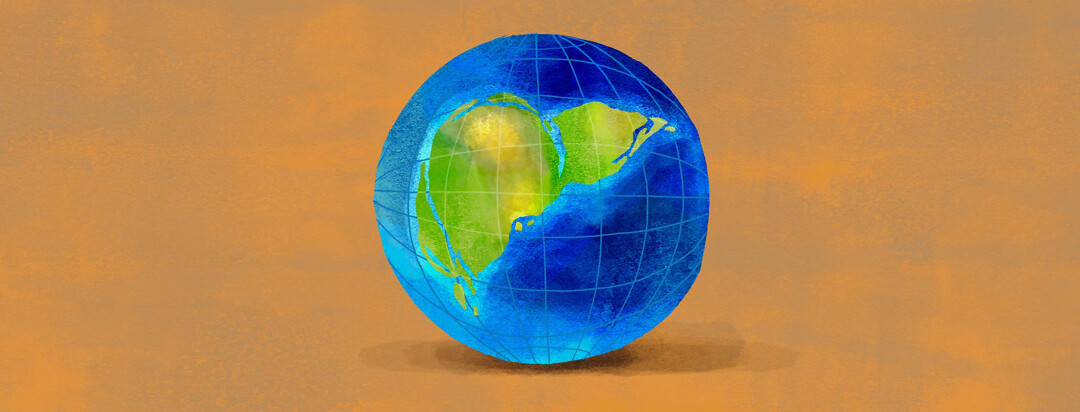 a globe has a landmass in the shape of a liver