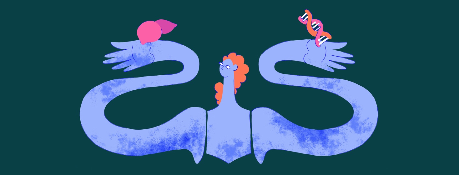 a woman has long, twisting arms, covered in a skin disorder, as one hand holds a liver and the other hand holds a DNA double helix