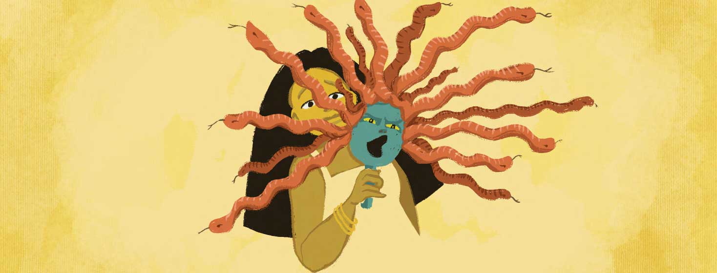 a woman holds a Medusa mask and peeps shyly out from behind it
