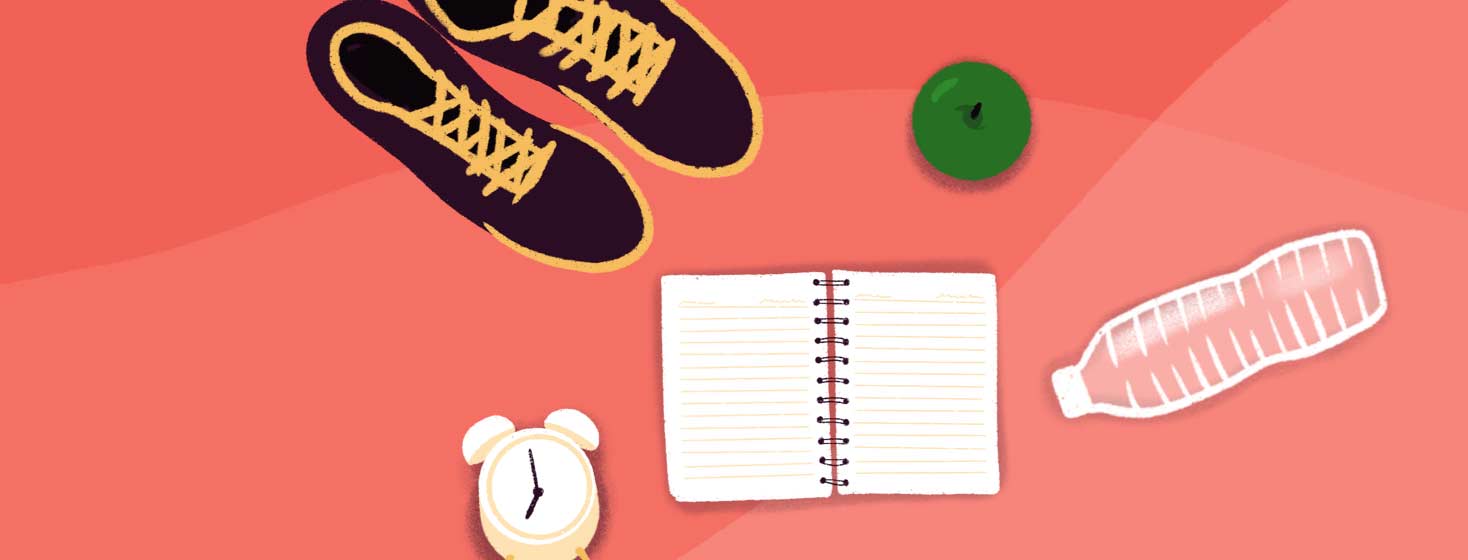 sneakers, a clock, an apple and a notebook