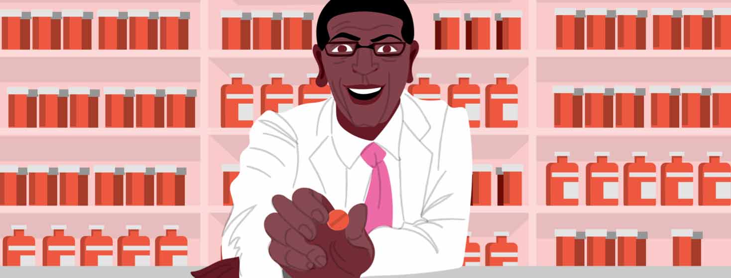 a smiling pharmacist offers a pill to the viewer