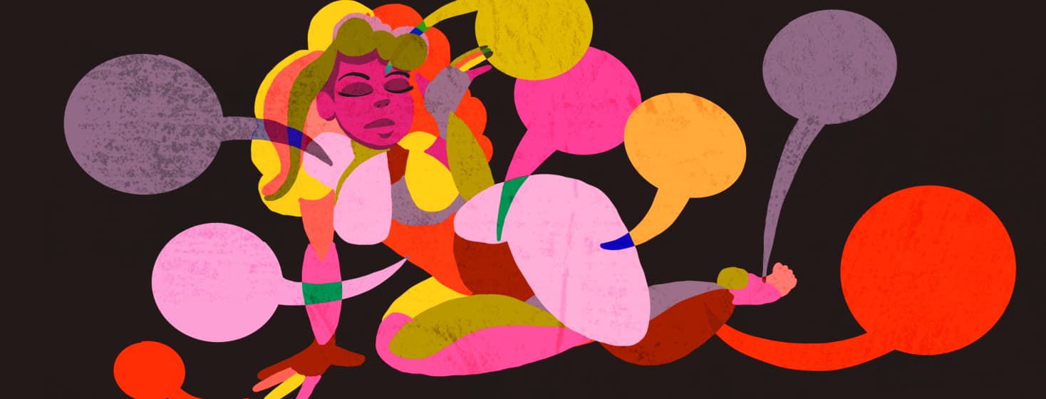 a woman drawn with a rainbow of colors listens closely to the speech bubbles coming from her body