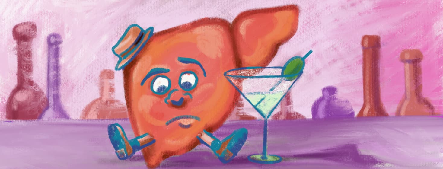 a liver with a martini sitting on a bar looking sad and regretful