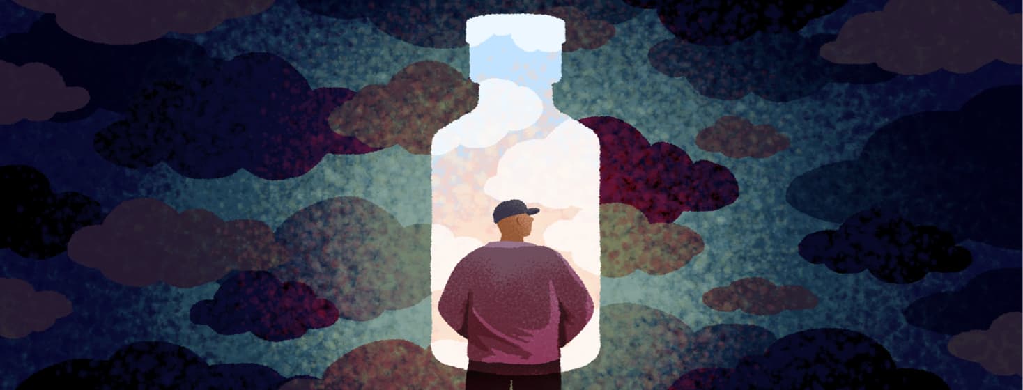 A silhouette of a vial of medication shows a blank sky in front of a man surrounded by dark clouds.