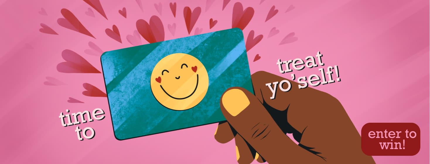 a hand holding a gift card with a smiley face, hearts exploding from the card