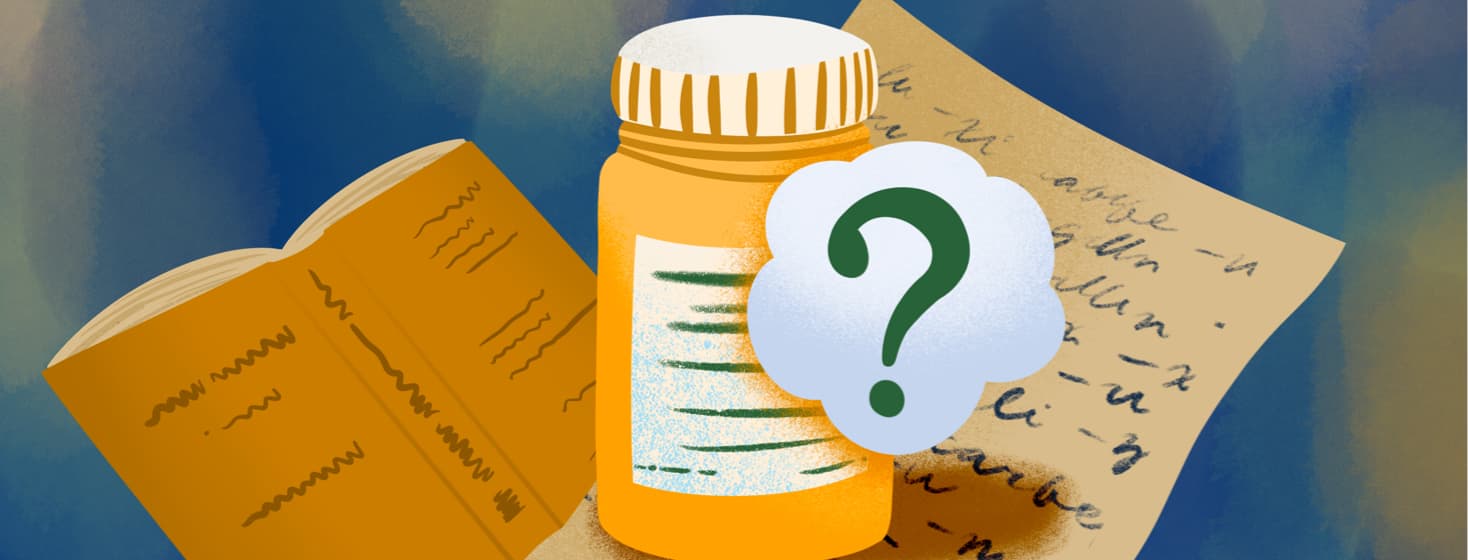 A question mark floating over a pill bottle, with a book and some academic papers in the background