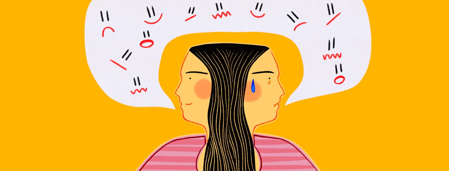 a woman has conflicted feelings, turning her head towards both the negative and the positive