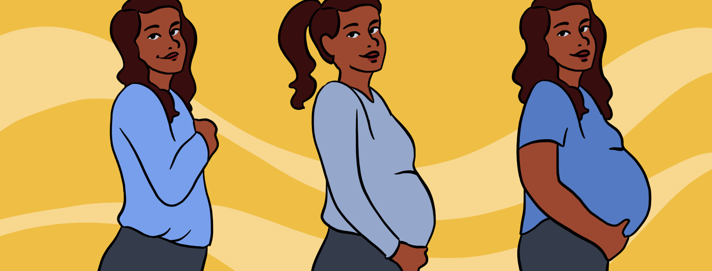 A woman shown in three different phases of pregnancy