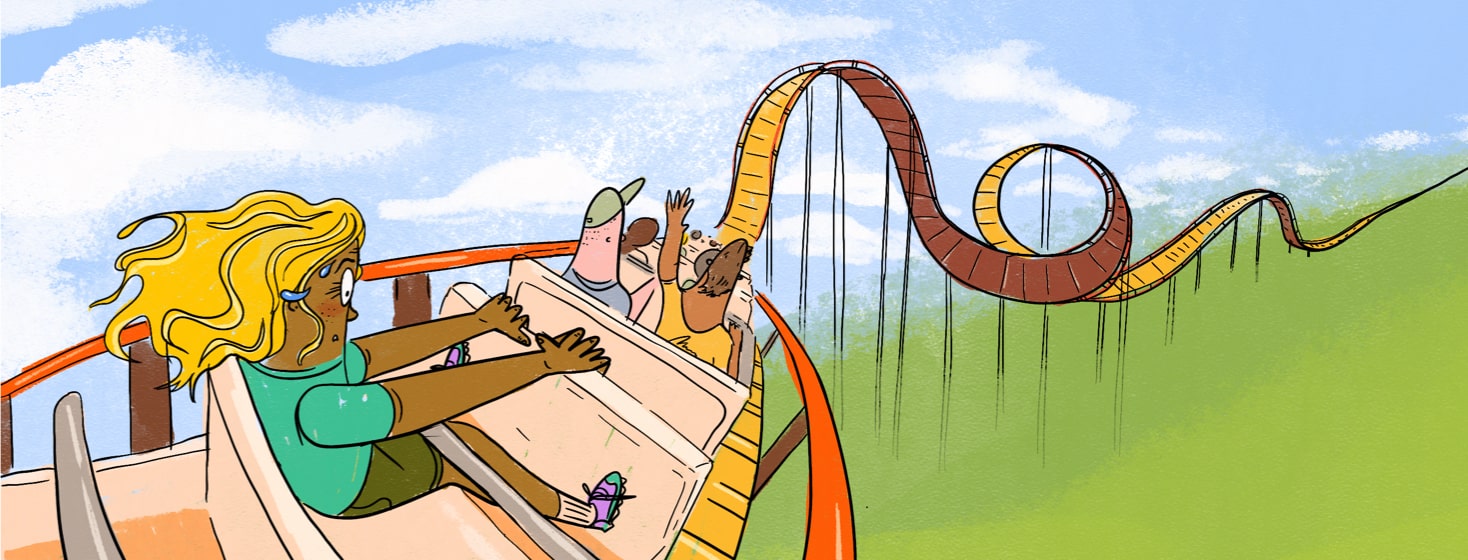 A woman nervously riding on a roller coaster